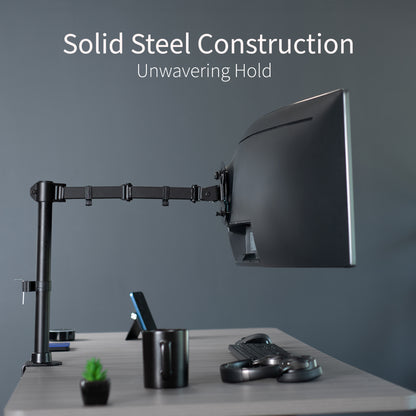 Single Ultrawide Monitor Desk Mount elevates ultra wide monitors to a comfortable viewing angle. The advanced tilt joint is designed to hold heavy screens securely.