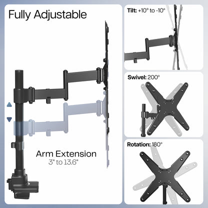 Fully adjustable TV or monitor mount with arm extension, tilt, swivel, and rotation features.