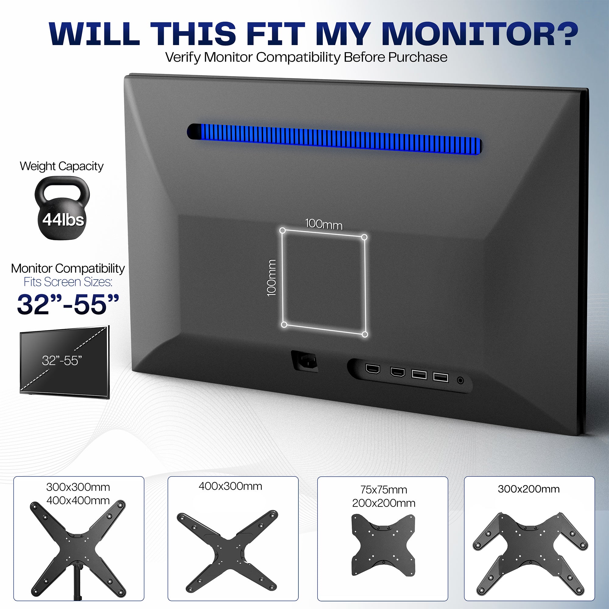 Monitor stand with compatibility information and specifications on a blue gradient background