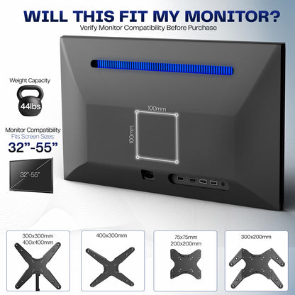 Monitor stand with compatibility information and specifications on a blue gradient background
