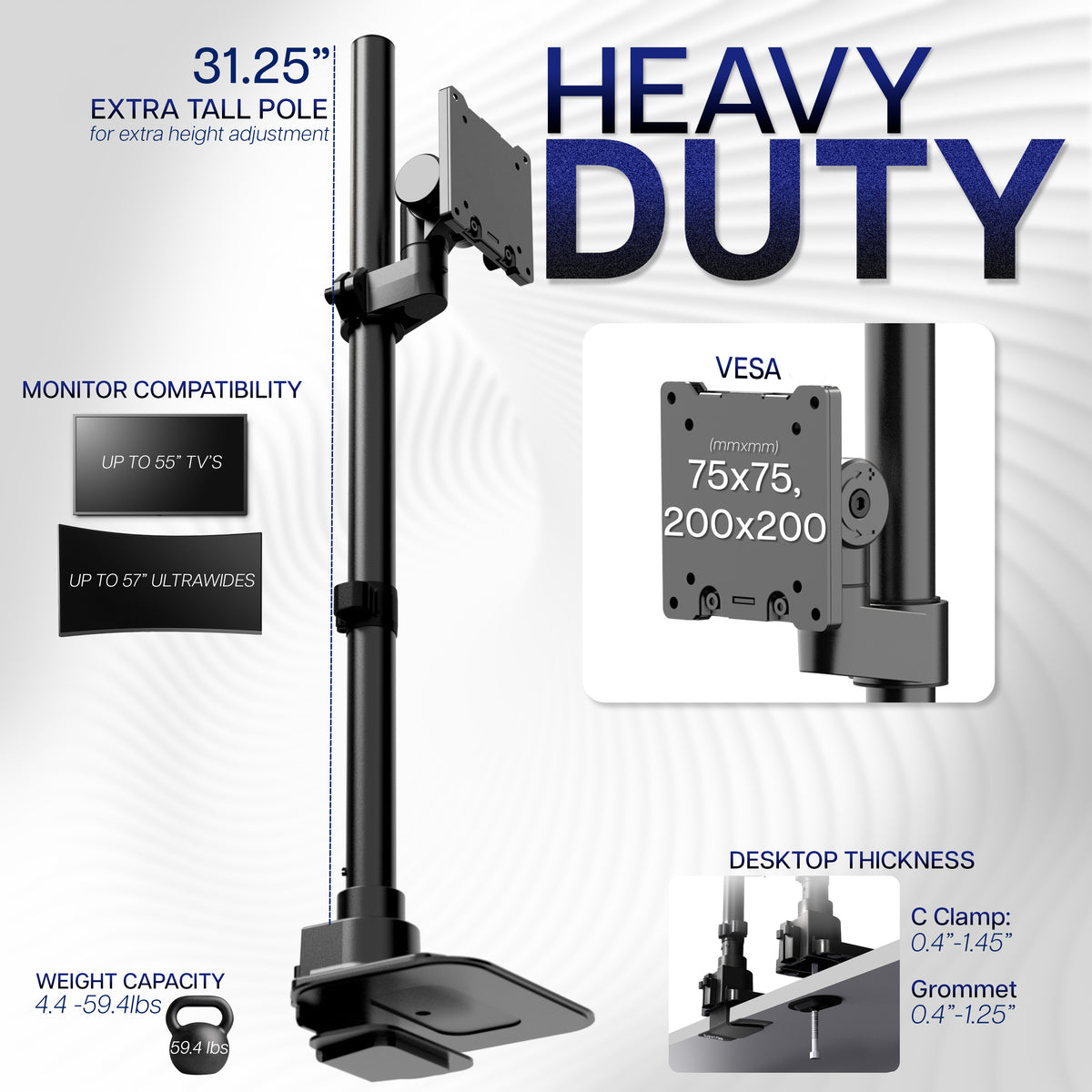 Single Ultrawide Monitor Extra Tall Desk Mount - Up to 57