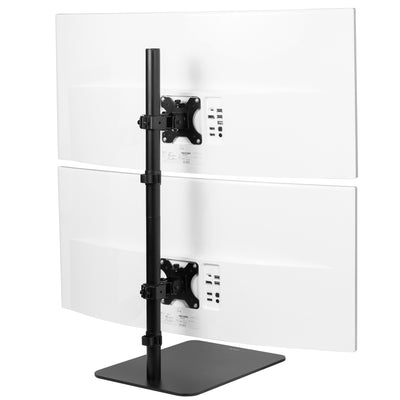 Dual Ultrawide Vertical Monitor Desk Stand elevates 2 large monitors in a vertically stacked array for comfortable viewing angles and efficient use of desk space. The freestanding base provides excellent support with no need to drill or clamp into your desktop.