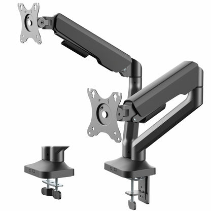 Black adjustable monitor stand on a white background
