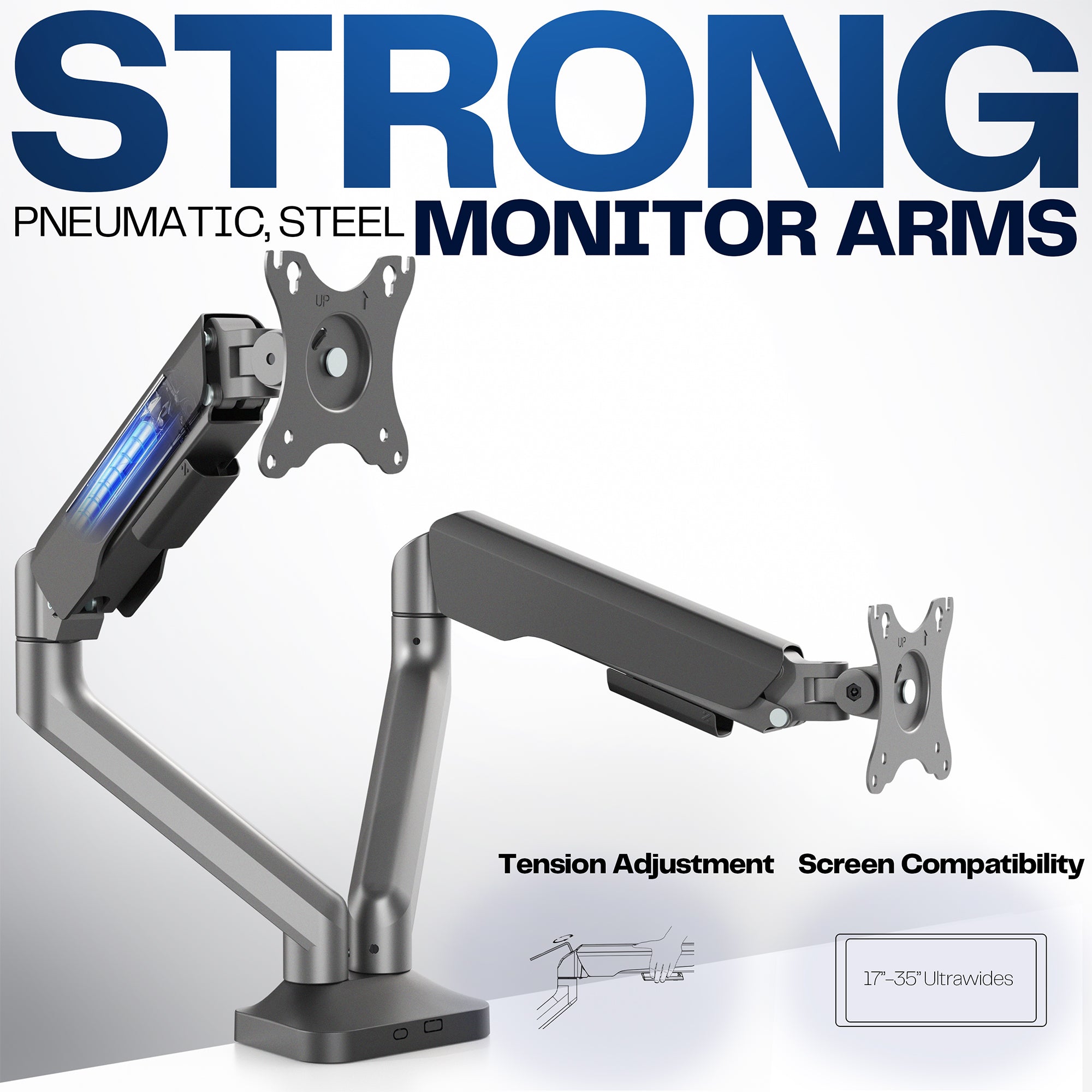 Pneumatic monitor arm with text on a white background