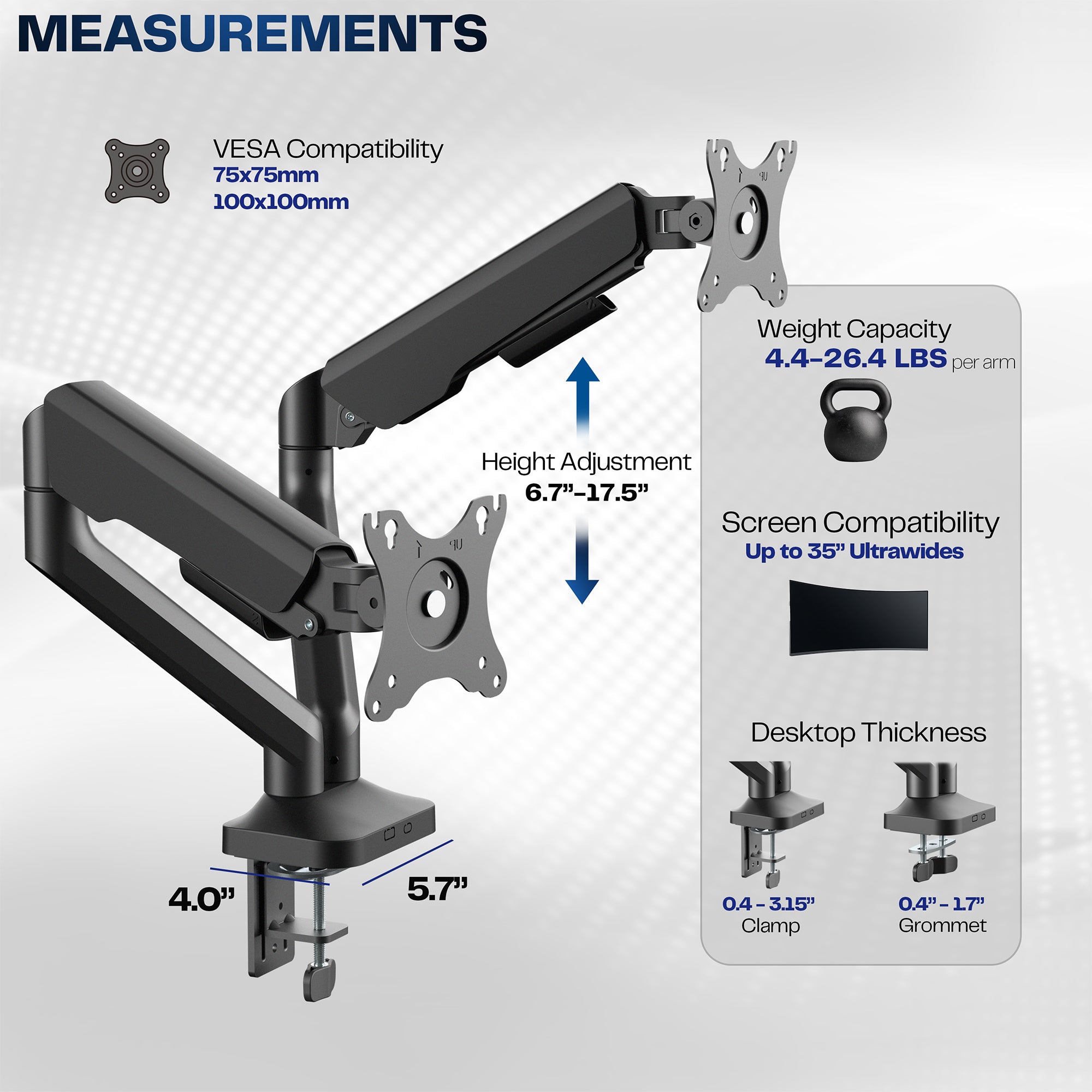 Monitor arm with measurement details on a white background