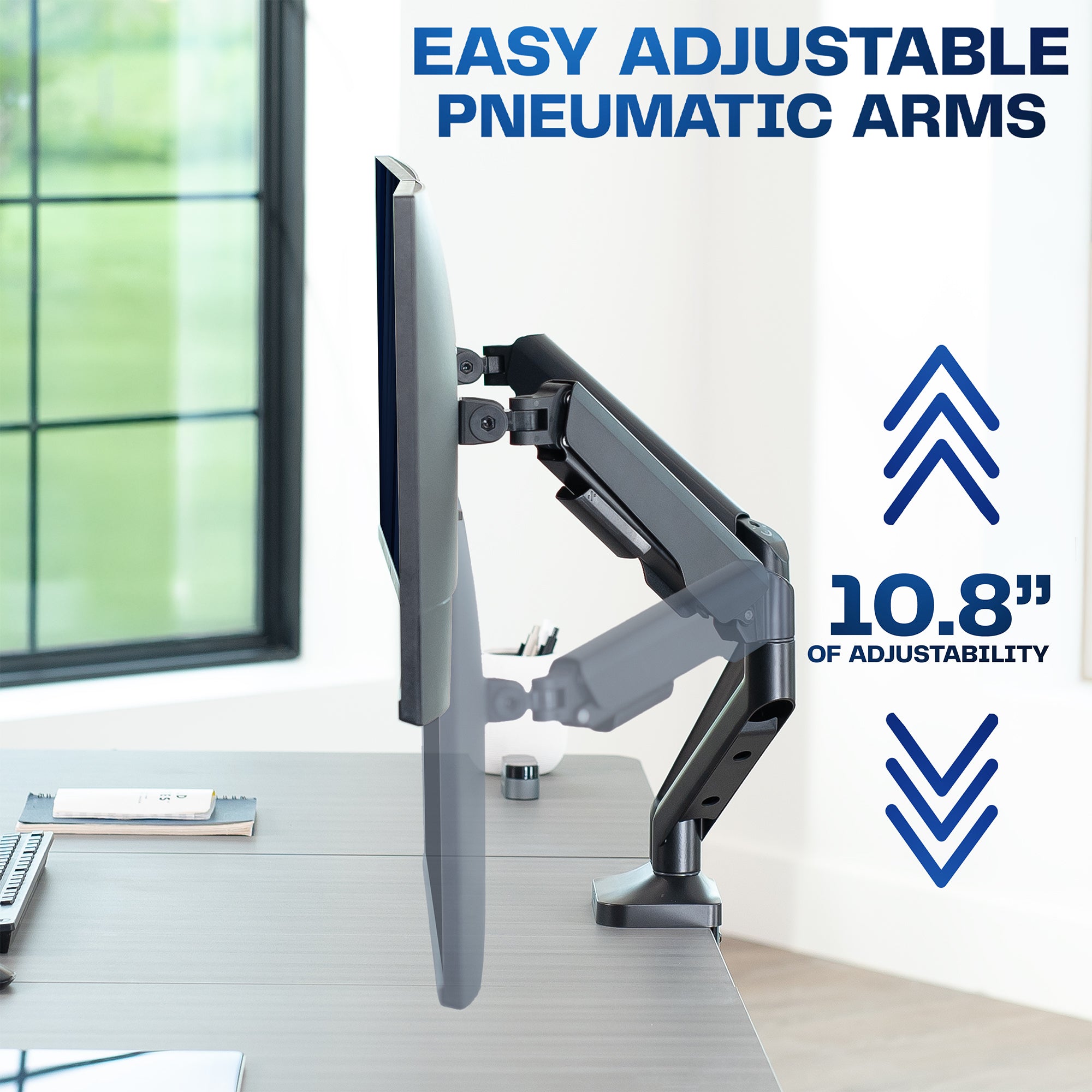 Monitor stand with easy adjustable pneumatic arms on a desk, with text highlighting adjustability.