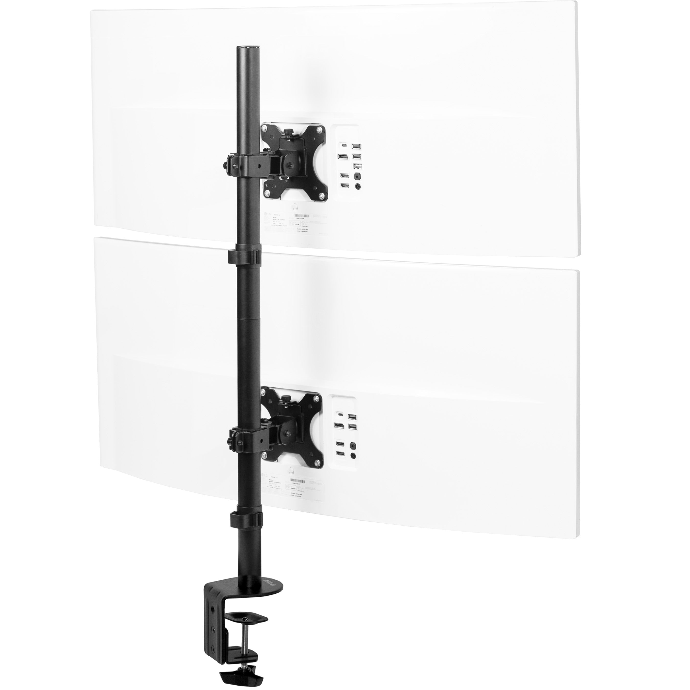 Dual Ultrawide Vertical Monitor Desk Mount elevates 2 large screens in a vertically stacked array to save desk space and create comfortable viewing angles.