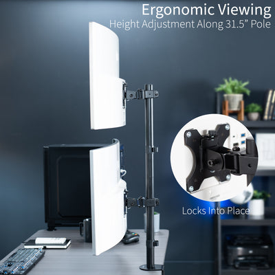 Dual Ultrawide Vertical Monitor Desk Mount elevates 2 large screens in a vertically stacked array to save desk space and create comfortable viewing angles.