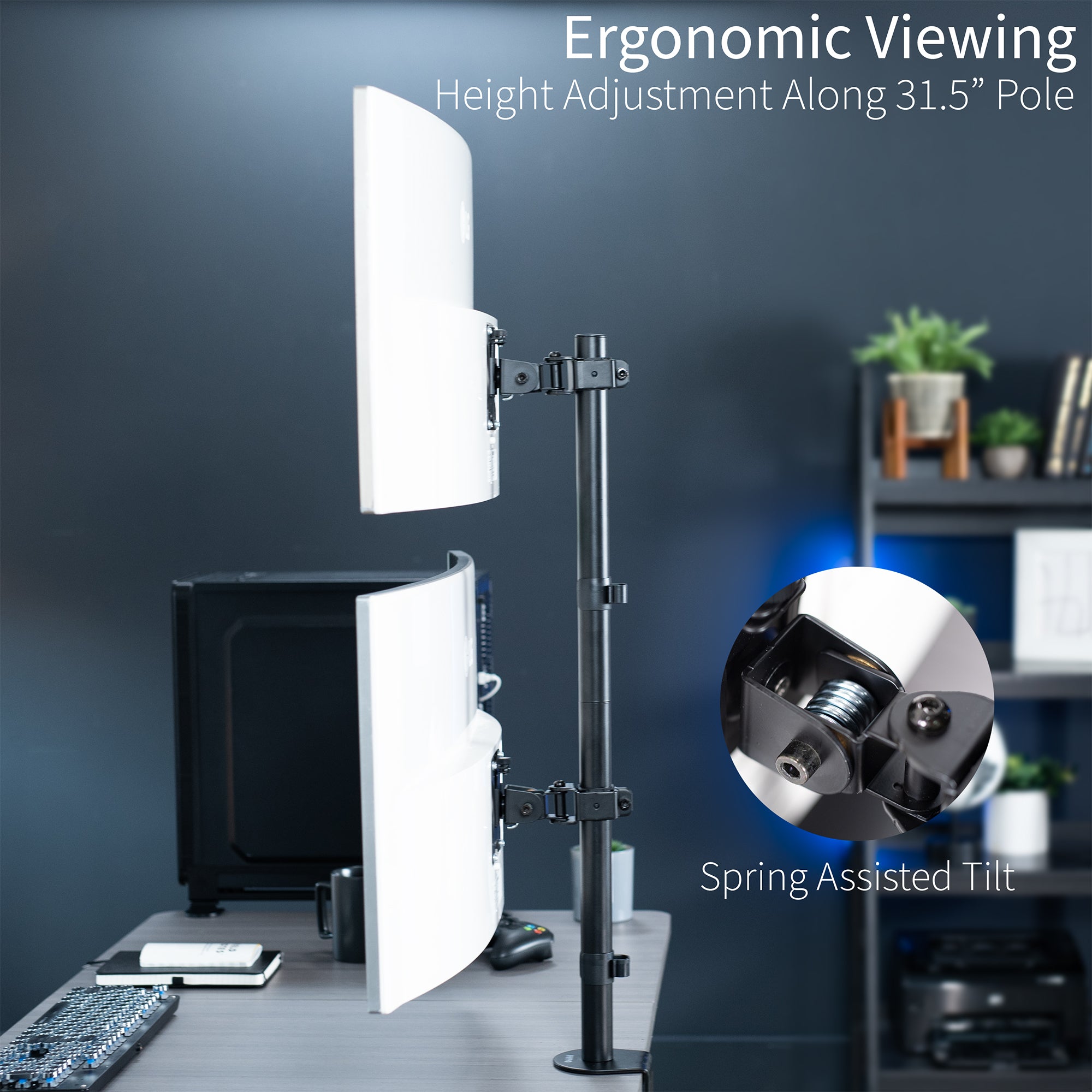 Dual Ultrawide Vertical Monitor Desk Mount elevates 2 large screens in a vertically stacked array to save desk space and create comfortable viewing angles. Spring assisted tilt locks monitors into place.