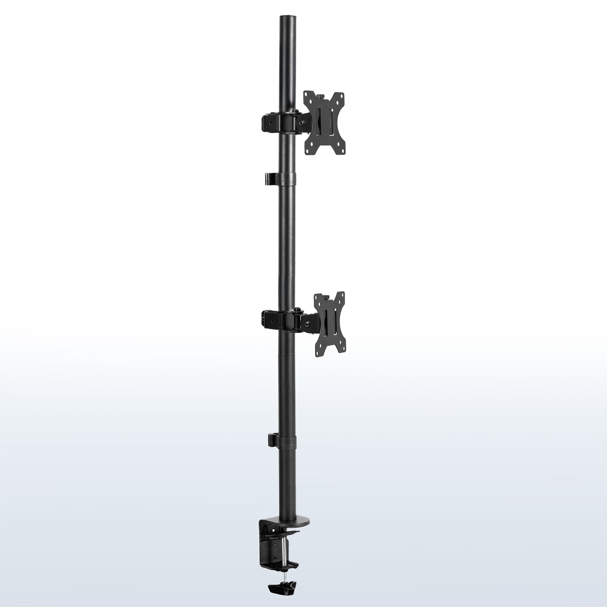 Dual Ultrawide Vertical Monitor Desk Mount elevates 2 large screens in a vertically stacked array to save desk space and create comfortable viewing angles.