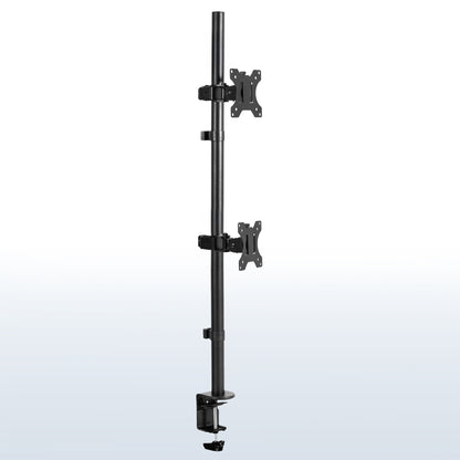 Dual Ultrawide Vertical Monitor Desk Mount elevates 2 large screens in a vertically stacked array to save desk space and create comfortable viewing angles.