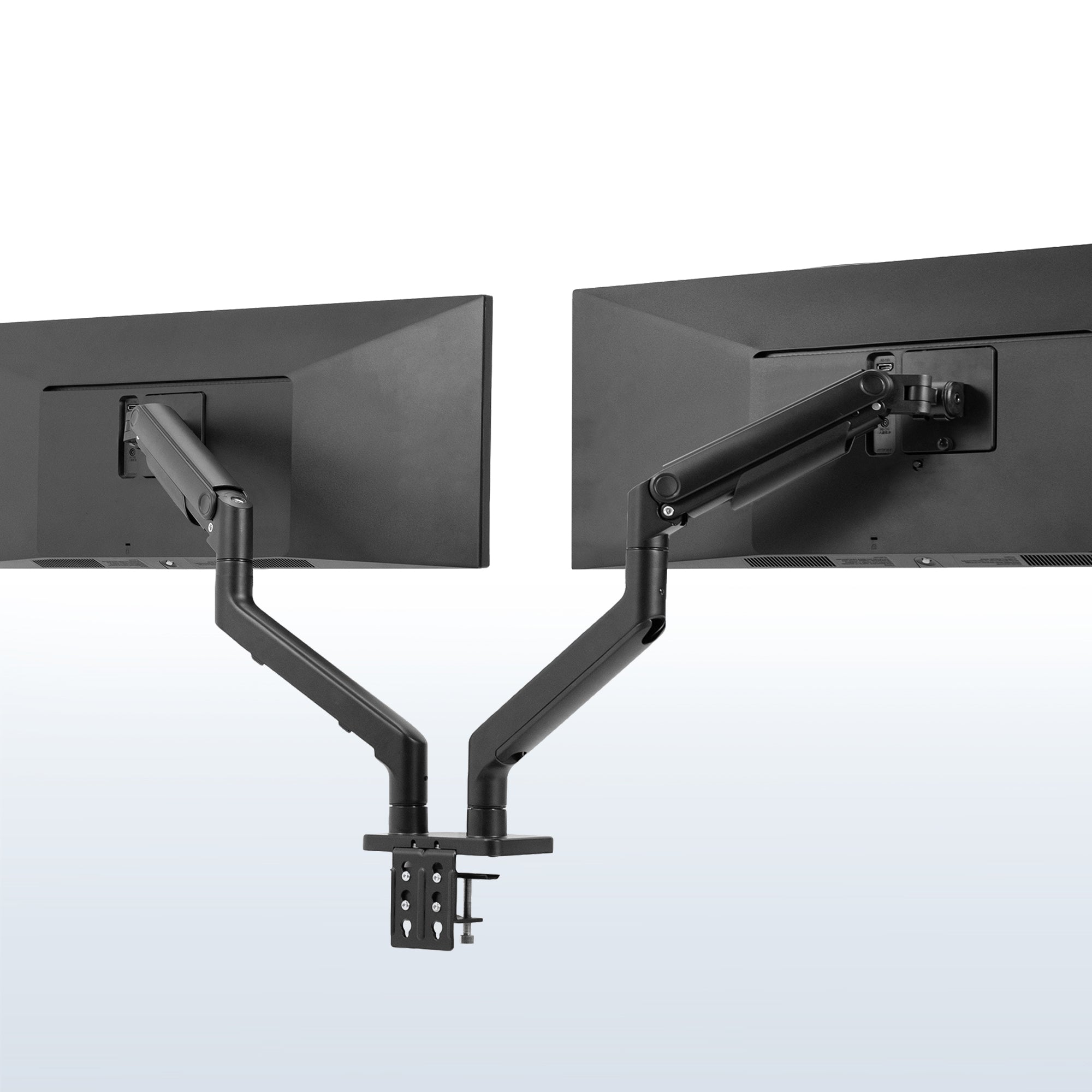 A dual monitor desk mount with pneumatic arms, capable of supporting ultrawide screens in black color.