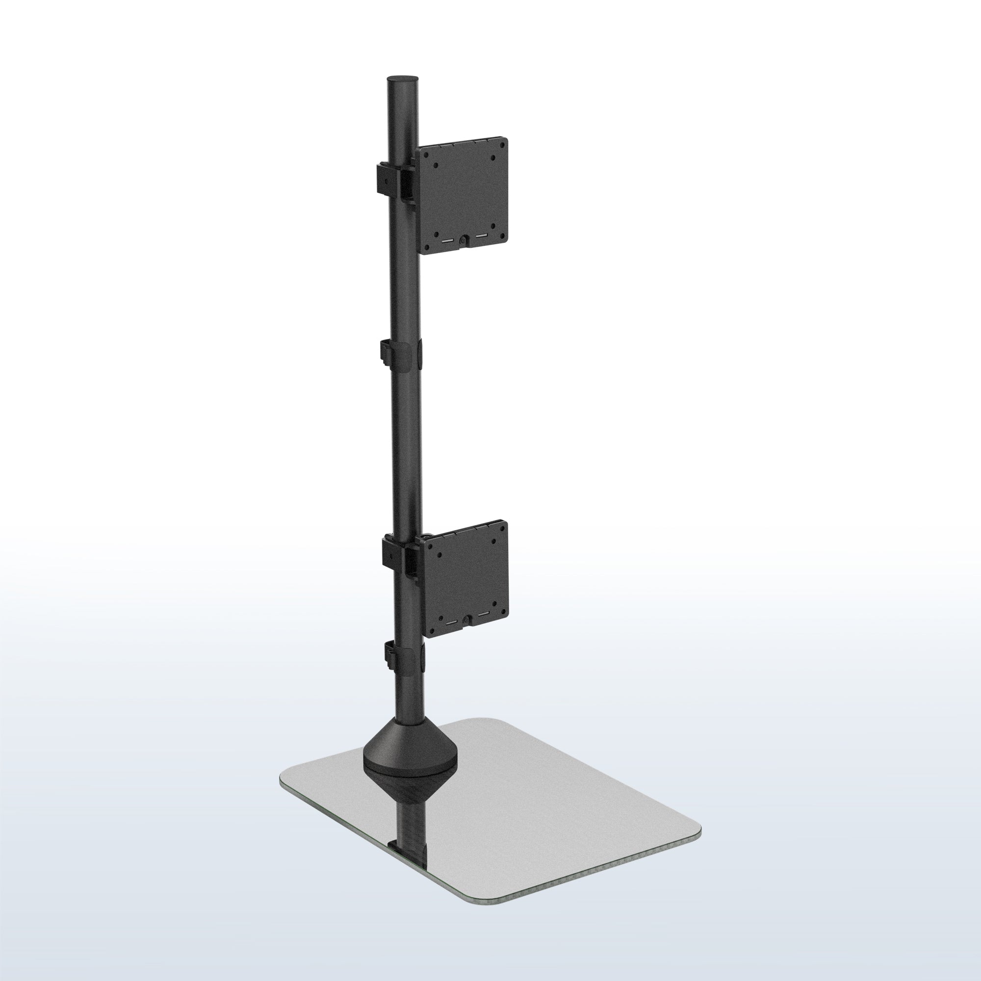 Black adjustable monitor stand on a white background