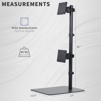 Dual Ultrawide Vertical Monitor Desk Stand elevates 2 large monitors in a vertically stacked array for comfortable viewing angles and efficient use of desk space. The freestanding base provides excellent support with no need to drill or clamp into your desktop.