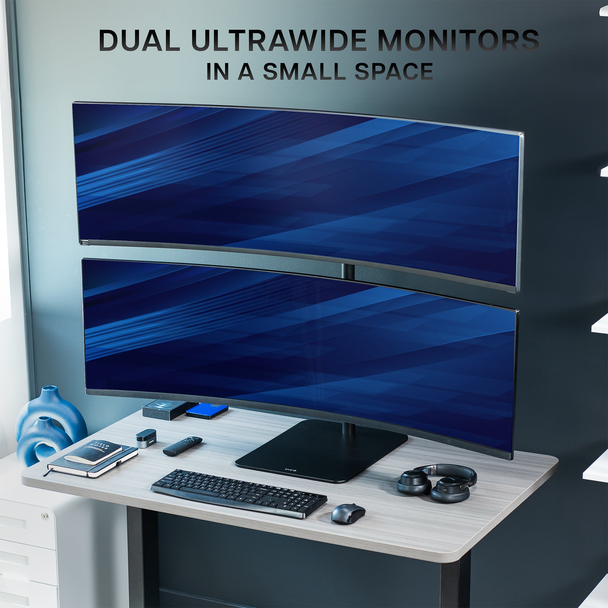 Dual Ultrawide Vertical Monitor Desk Stand elevates 2 large monitors in a vertically stacked array for comfortable viewing angles and efficient use of desk space. The freestanding base provides excellent support with no need to drill or clamp into your desktop.