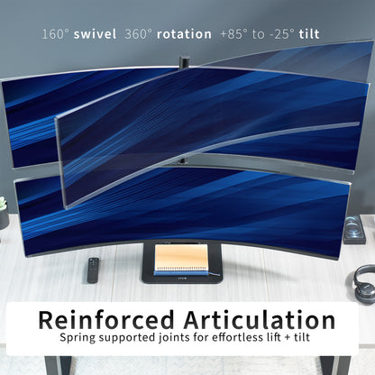 Dual Ultrawide Vertical Monitor Desk Stand elevates 2 large monitors in a vertically stacked array for comfortable viewing angles and efficient use of desk space. The freestanding base provides excellent support with no need to drill or clamp into your desktop.