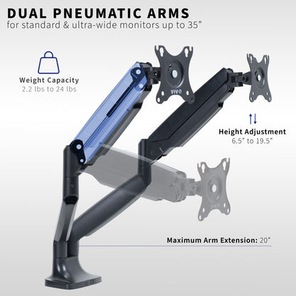 VIVO Premium Aluminum Heavy Duty Dual Monitor Mount holds two 13” to 35” monitors weighing 2.2 lbs to 30.9 lbs each, including ultra-wide screens.