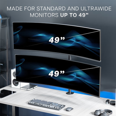 Stacked vertical dual monitor ultrawide desk mount with height adjustment, tilt, swivel, and integrated cable management.