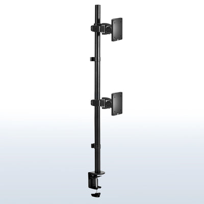 Stacked vertical dual monitor ultrawide desk mount with height adjustment, tilt, swivel, and integrated cable management.
