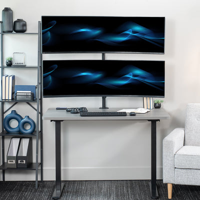 Stacked vertical dual monitor ultrawide desk mount with height adjustment, tilt, swivel, and integrated cable management.