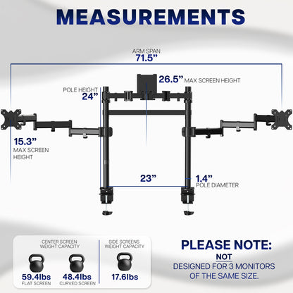 Measurement chart of a 2-Pole Triple Monitor Desk Mount with various dimensions labeled.