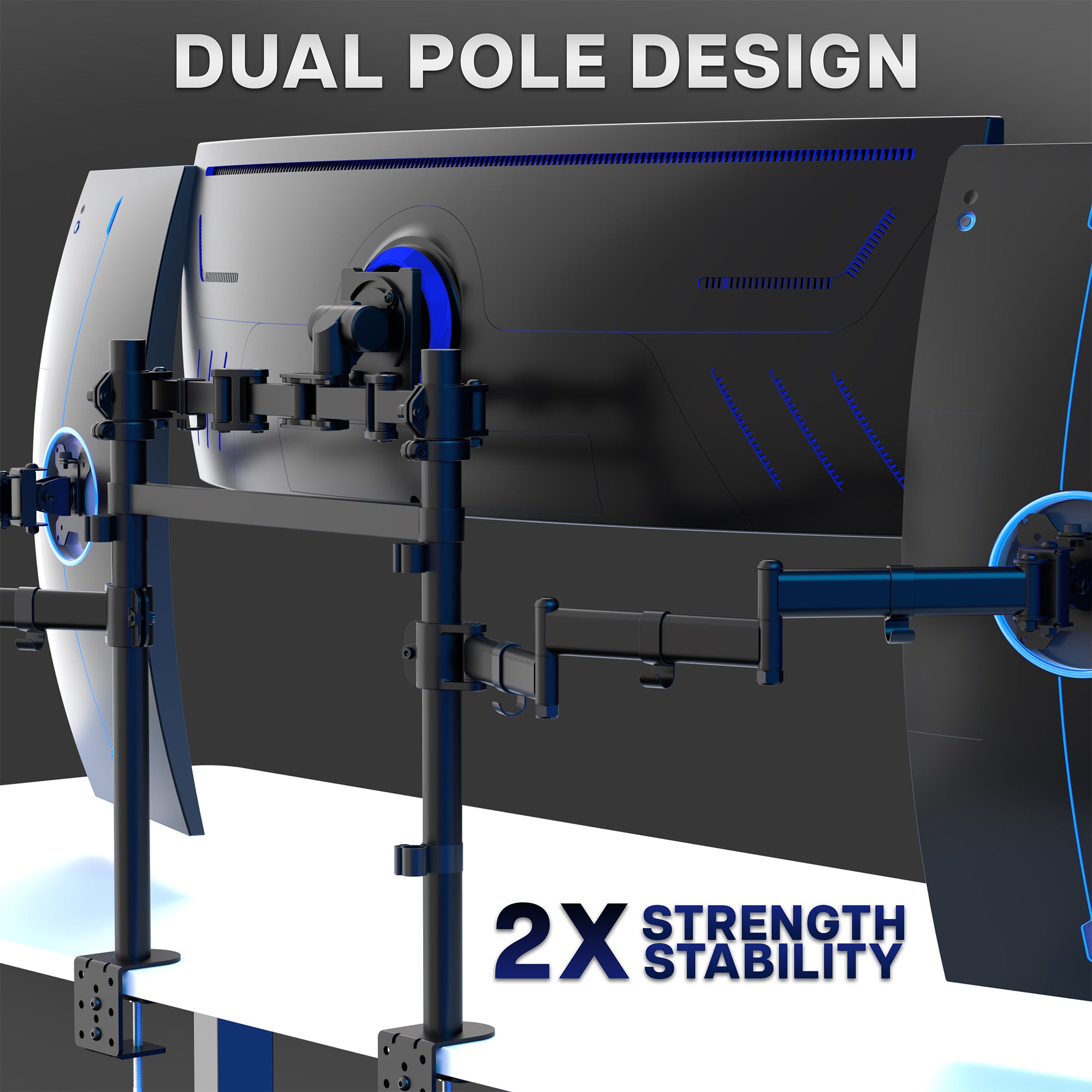 2-Pole Triple Monitor Desk Mount (1 Ultrawide + 2 Standard) - Up to 49" Screens