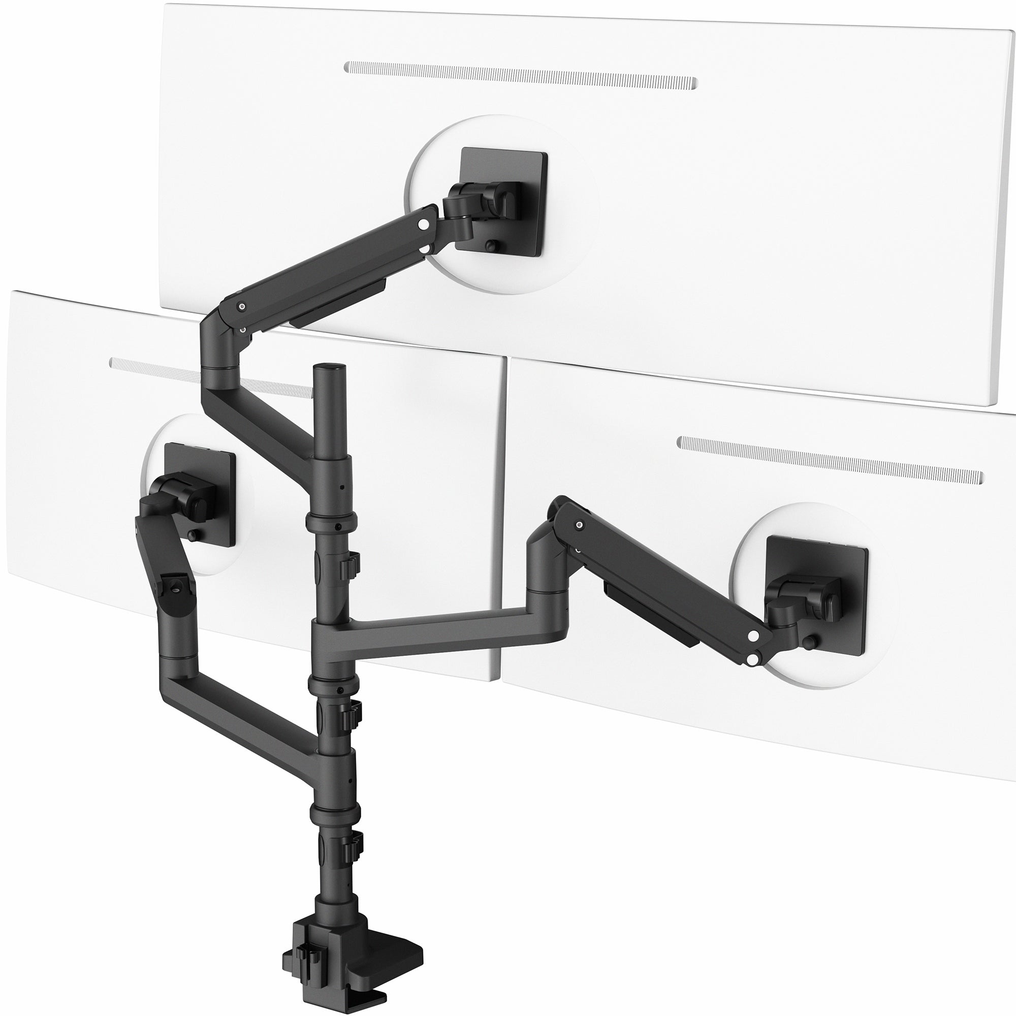 Triple monitor ultrawide desk mount with extending arms. Featuring height adjustment, tilt, swivel, rotation, and integrated cable management.