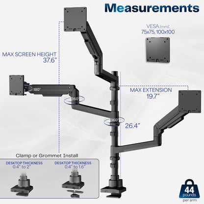 Pneumatic Arm Triple Ultrawide Monitor Extra Tall Desk Mount