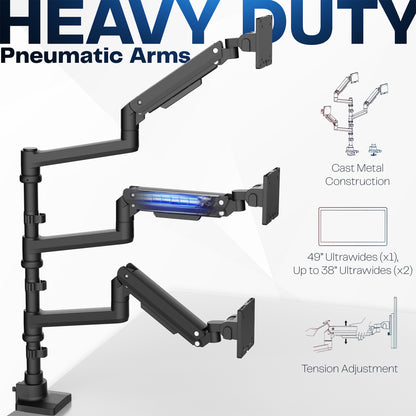 Pneumatic Arm Triple Ultrawide Monitor Extra Tall Desk Mount