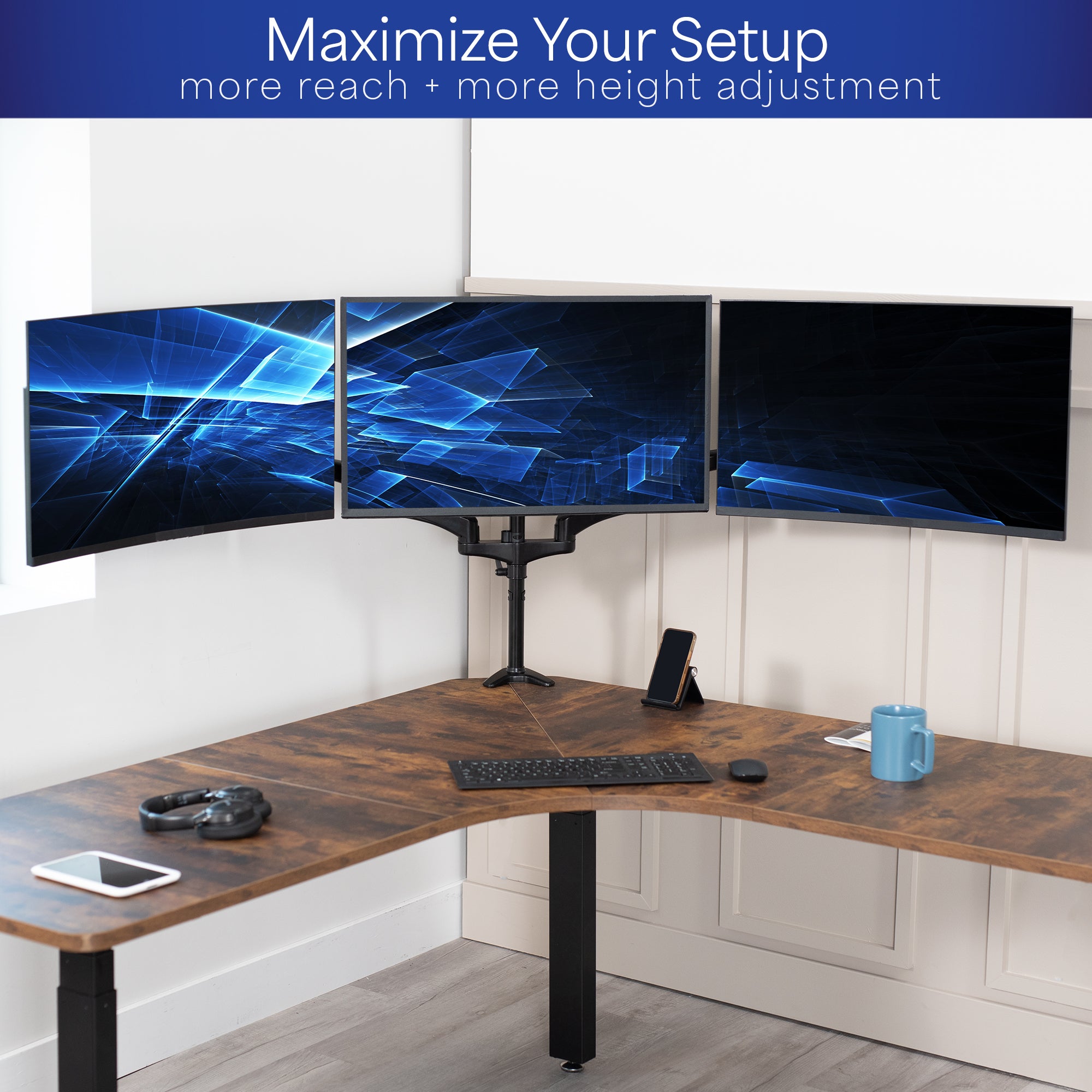 Triple Monitor Desk Mount (2 Pneumatic Arms + 1 Fixed) – VIVO