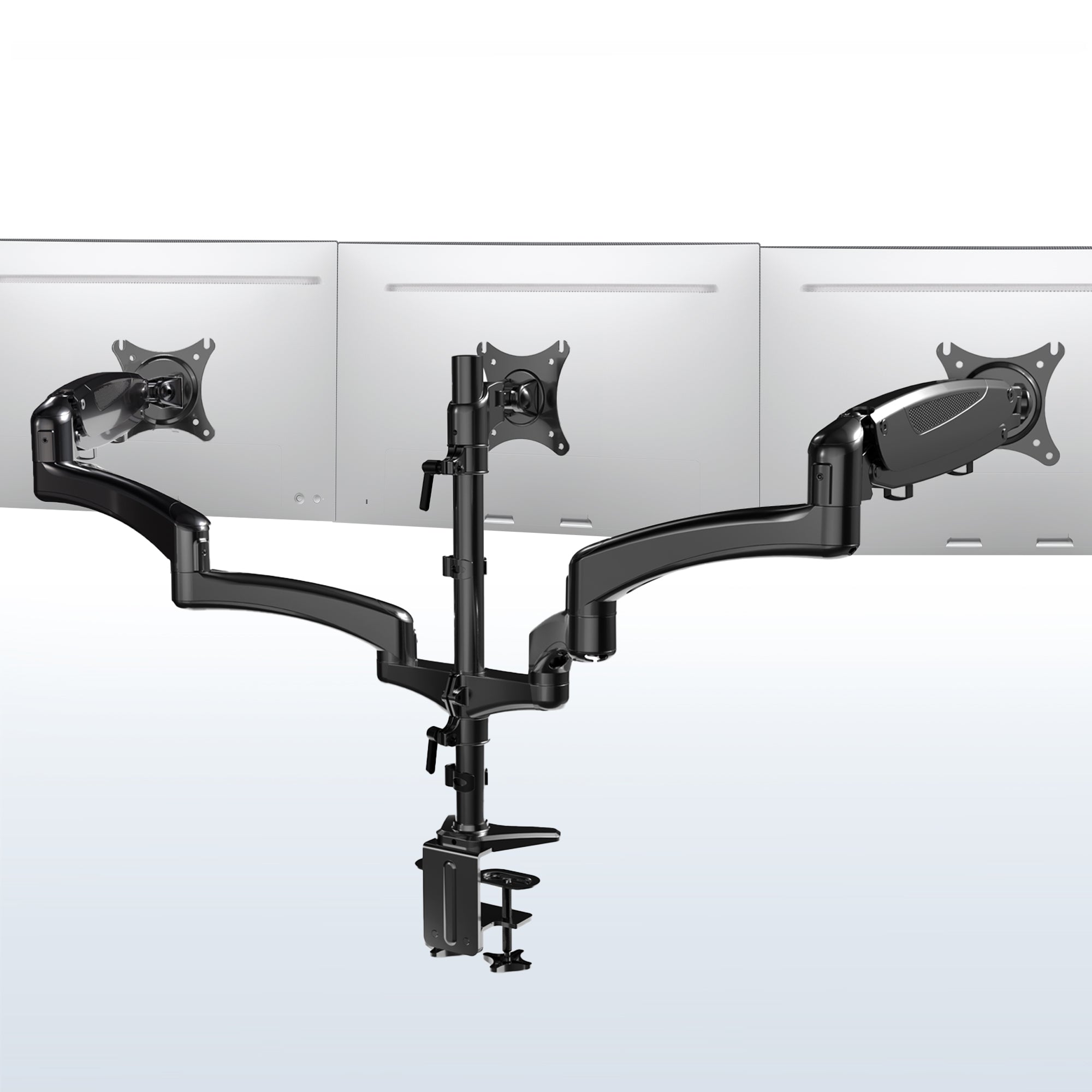 Triple Monitor Height Adjustable Desk Mount, 2 Pneumatic Arms, 1 Fixed, Counterbalance Stand