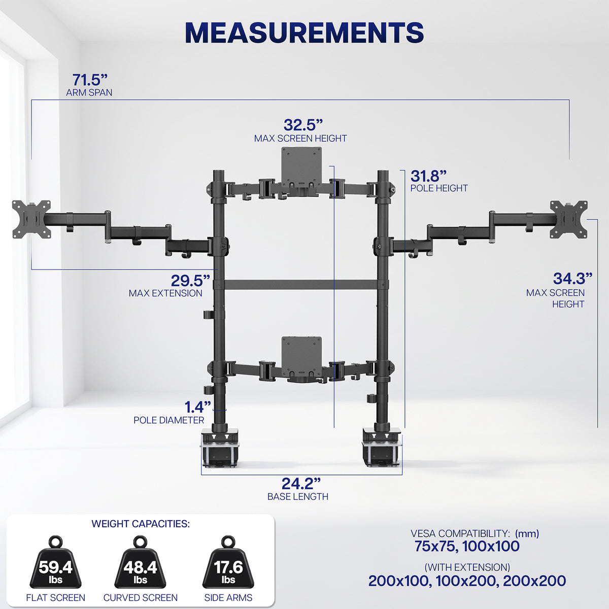 Quad Monitor Mount w/ 2 Centered Ultrawides - Up to 49” Screens