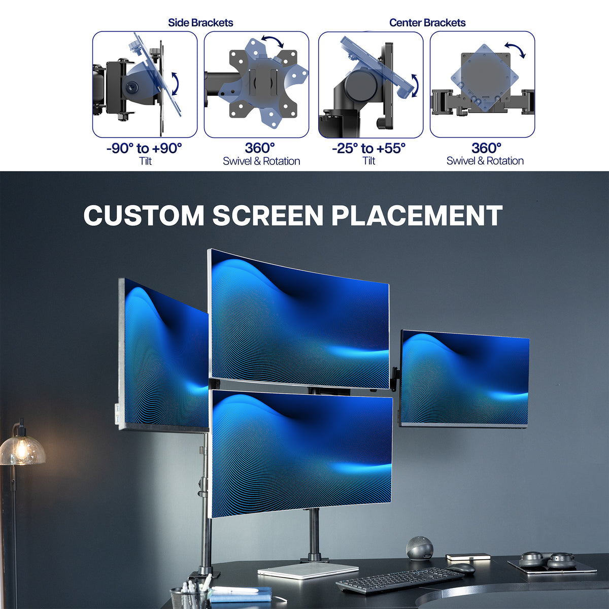 Quad Monitor Mount w/ 2 Centered Ultrawides - Up to 49” Screens