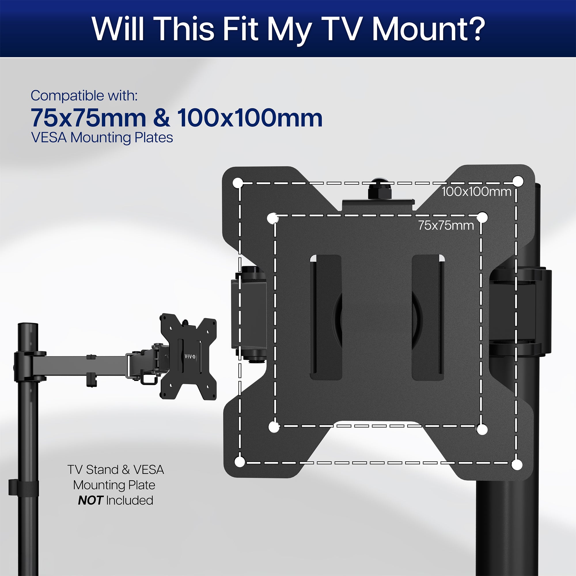 TV mount compatibility diagram with VESA mounting plates on a gray background