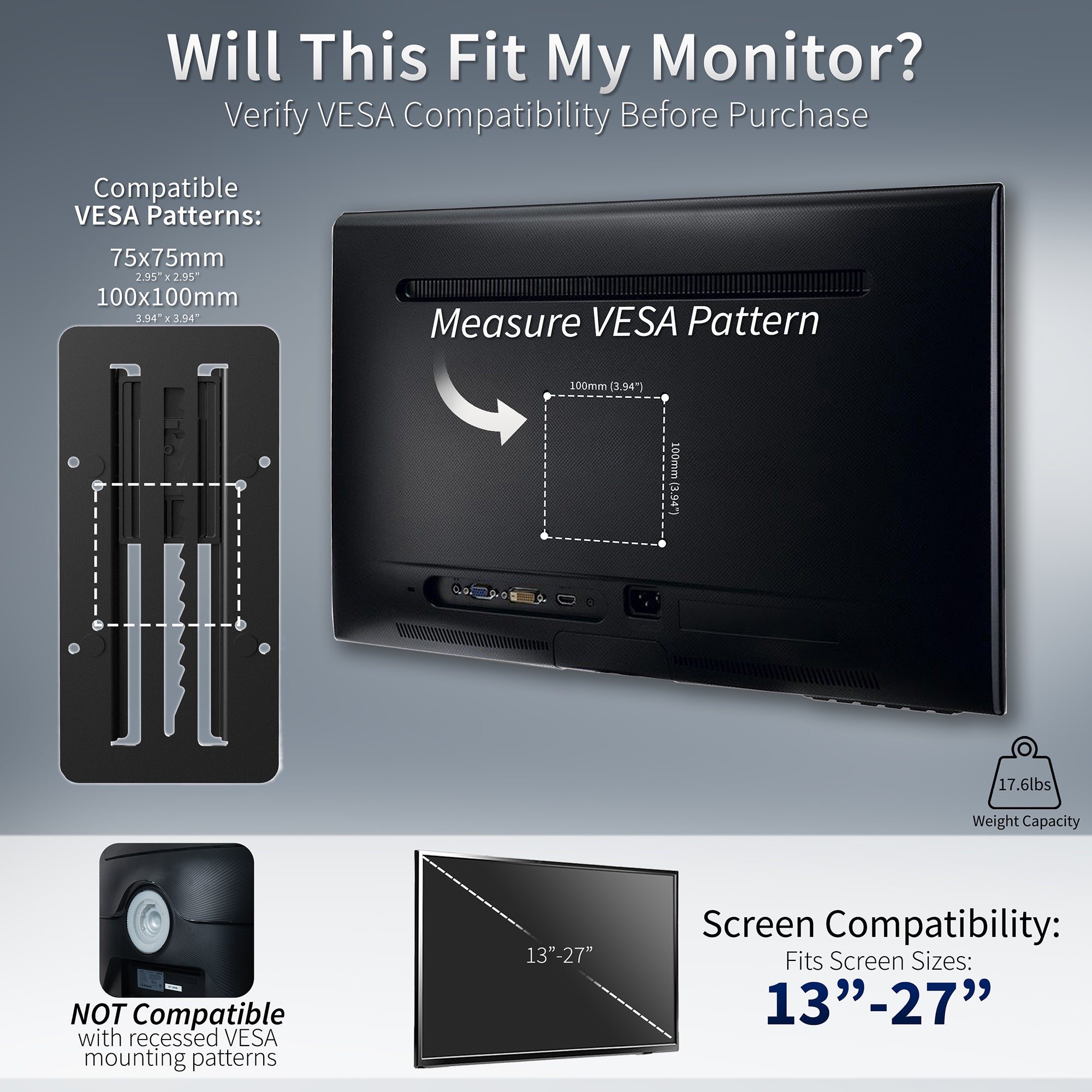 Monitor compatibility checker with VESA pattern measurement tool and screen size compatibility information.