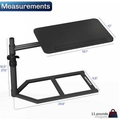 Height adjustable swiveling under mattress overbed desk tray. Rotation and tilt allow for convenient, versatile use.