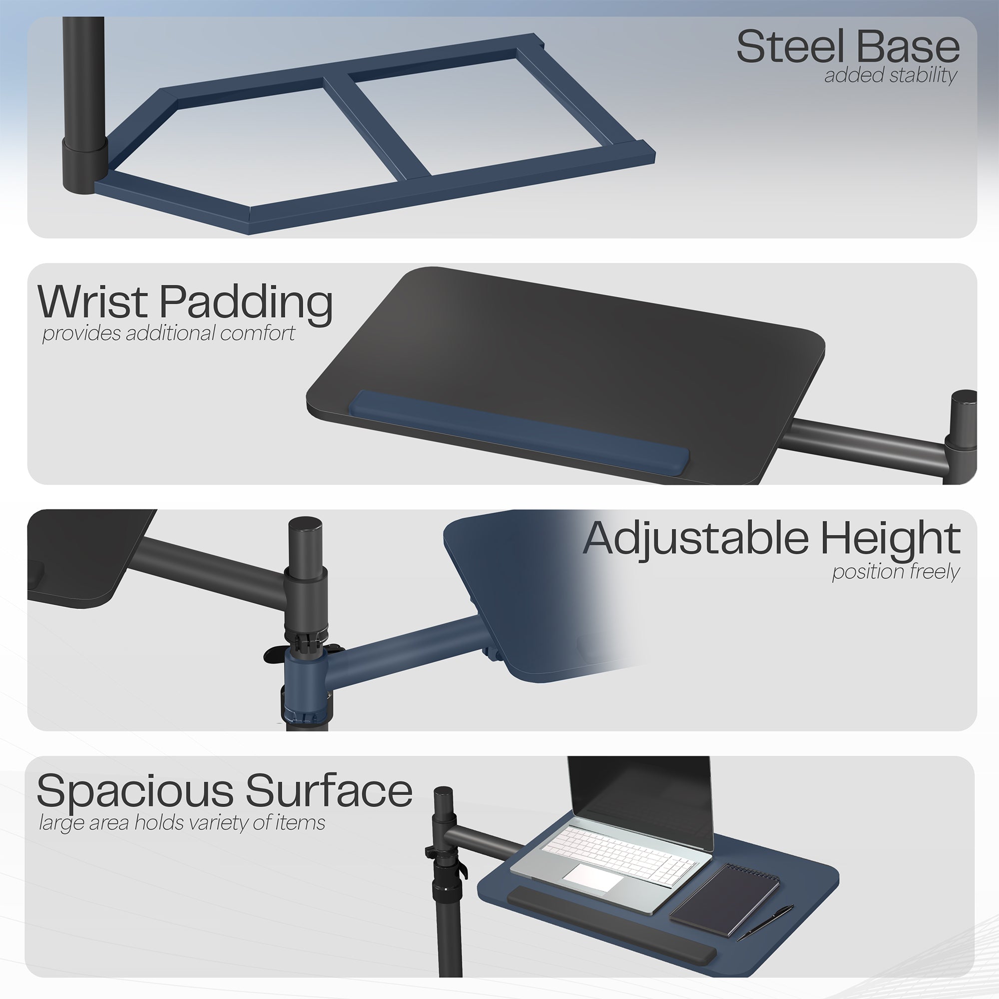 Height adjustable swiveling under mattress overbed desk tray. Rotation and tilt allow for convenient, versatile use.