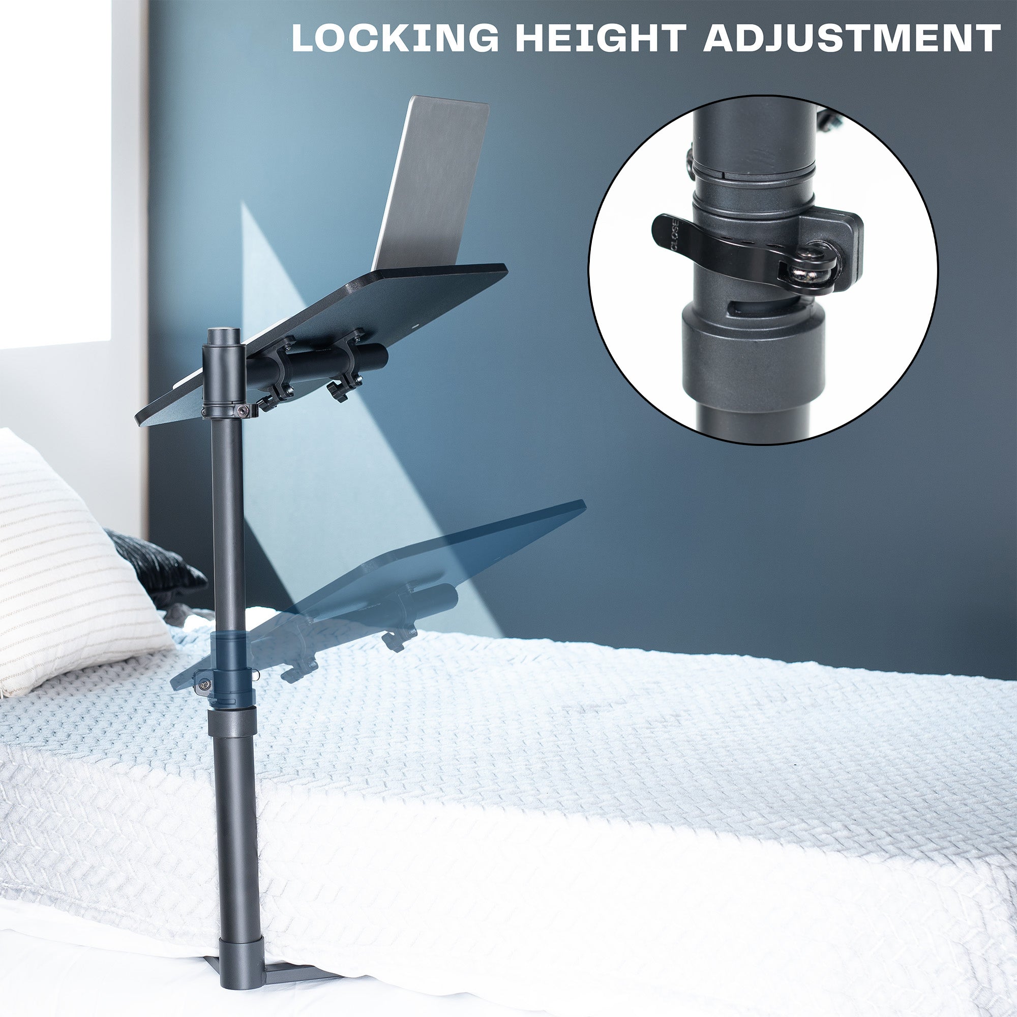 Height adjustable swiveling under mattress overbed desk tray. Rotation and tilt allow for convenient, versatile use. Secure height lock mechanism.