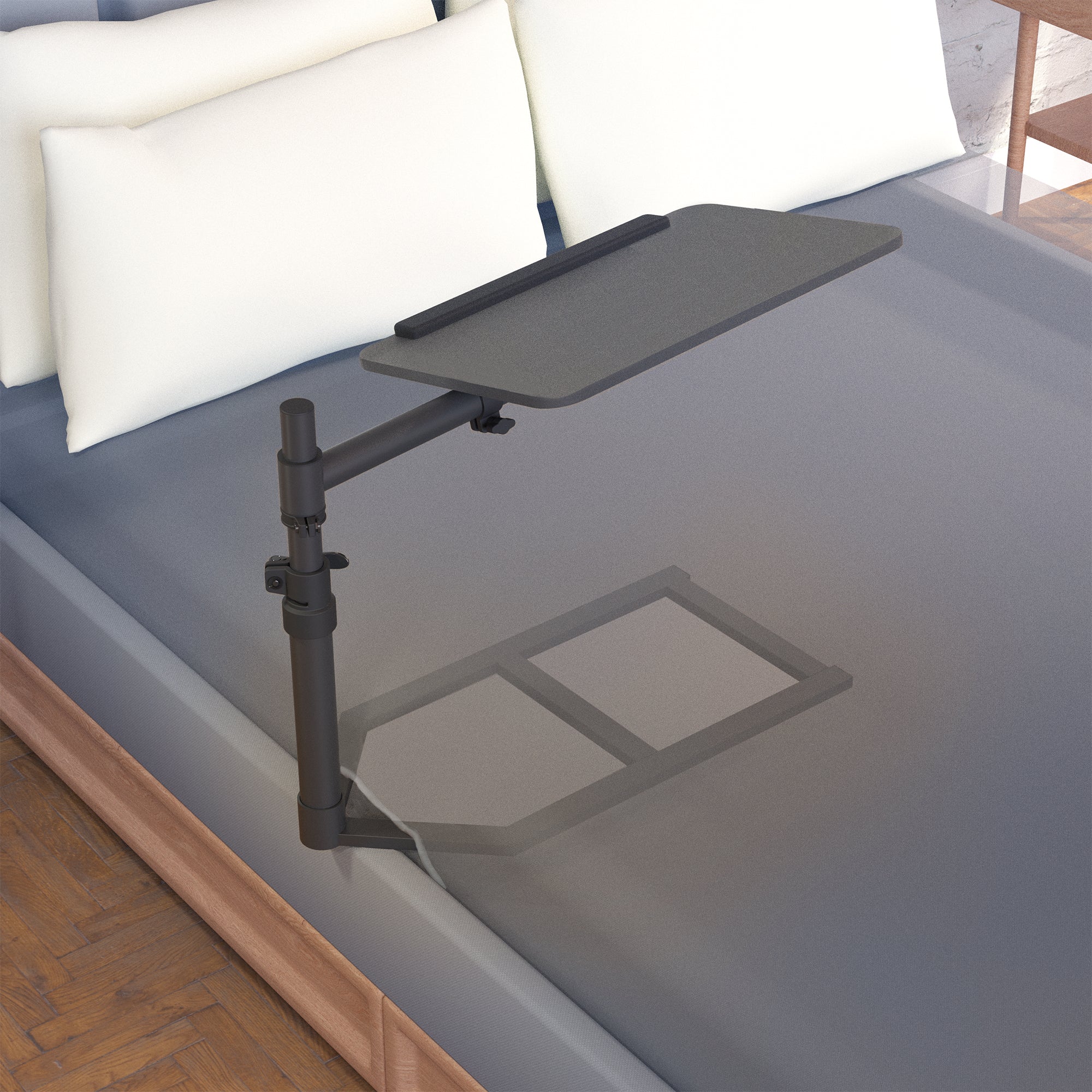 Height adjustable swiveling under mattress overbed desk tray. Rotation and tilt allow for convenient, versatile use.