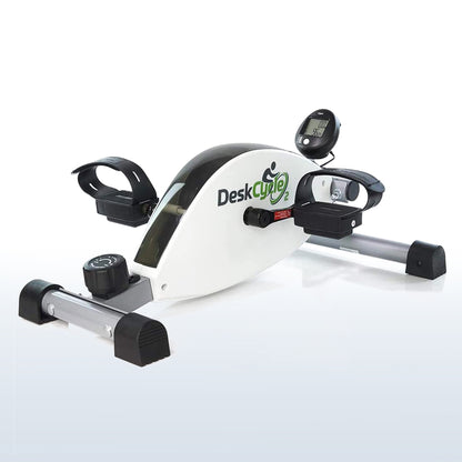 A white and black DeskCycle desk exercise bike with a digital display screen, shown on a light gradient background.
