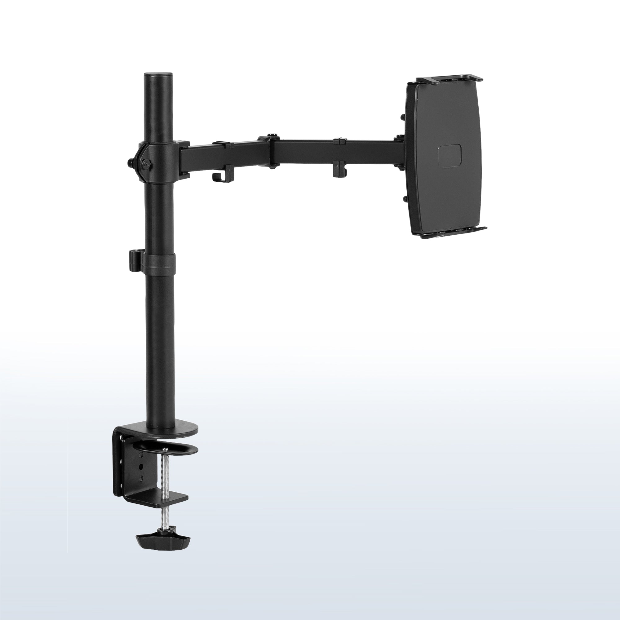 Articulating height adjustable tablet holder desk mount.