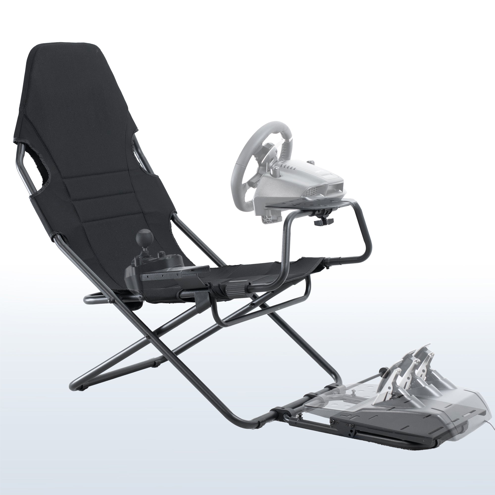 A folding racing simulator cockpit with a black seat, white and gray steering wheel, and metallic frame.