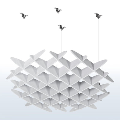 Sleek modern acoustic ceiling waffle panel with sturdy hanging wires for sound dampening.