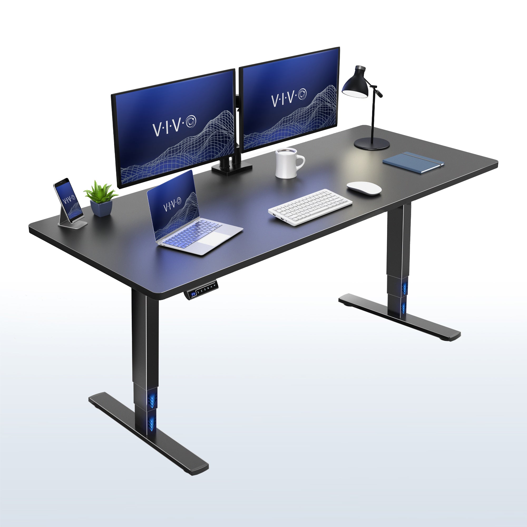 Heavy-duty electric height adjustable desktop workstation for active sit or stand efficient workspace.