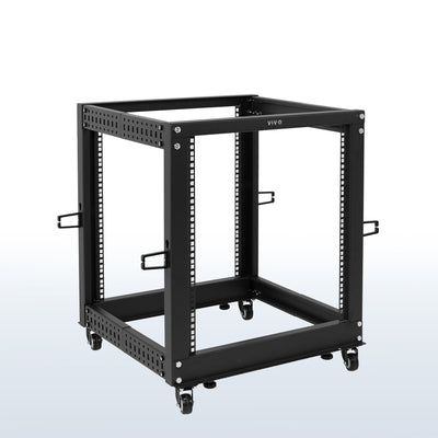 A freestanding black open frame server rack on wheels