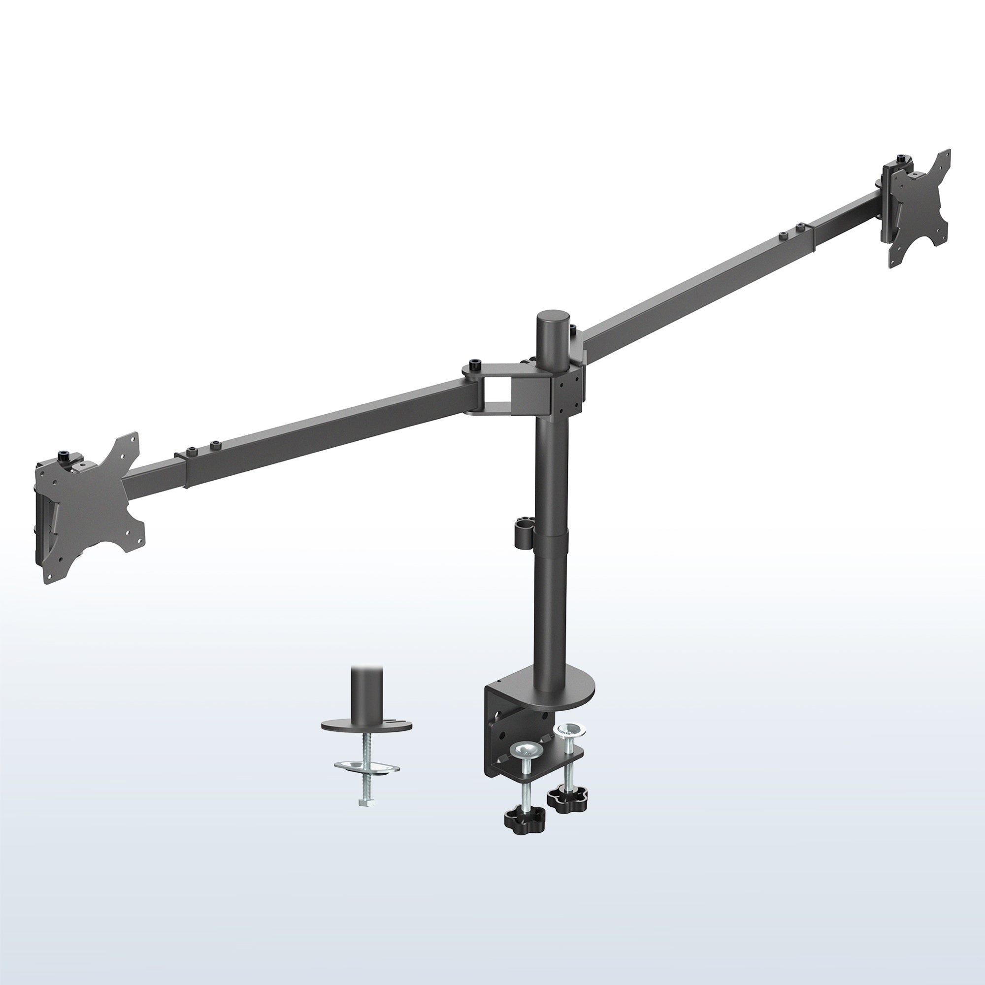 Telescoping Dual Ultrawide Monitor Desk Mount - Up to 45" Screens on a white and blue gradient background