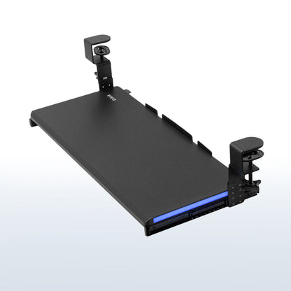 Clamp-on height adjustable keyboard and mouse tray.
