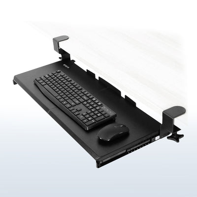 Under desk solid steel sliding keyboard tray.