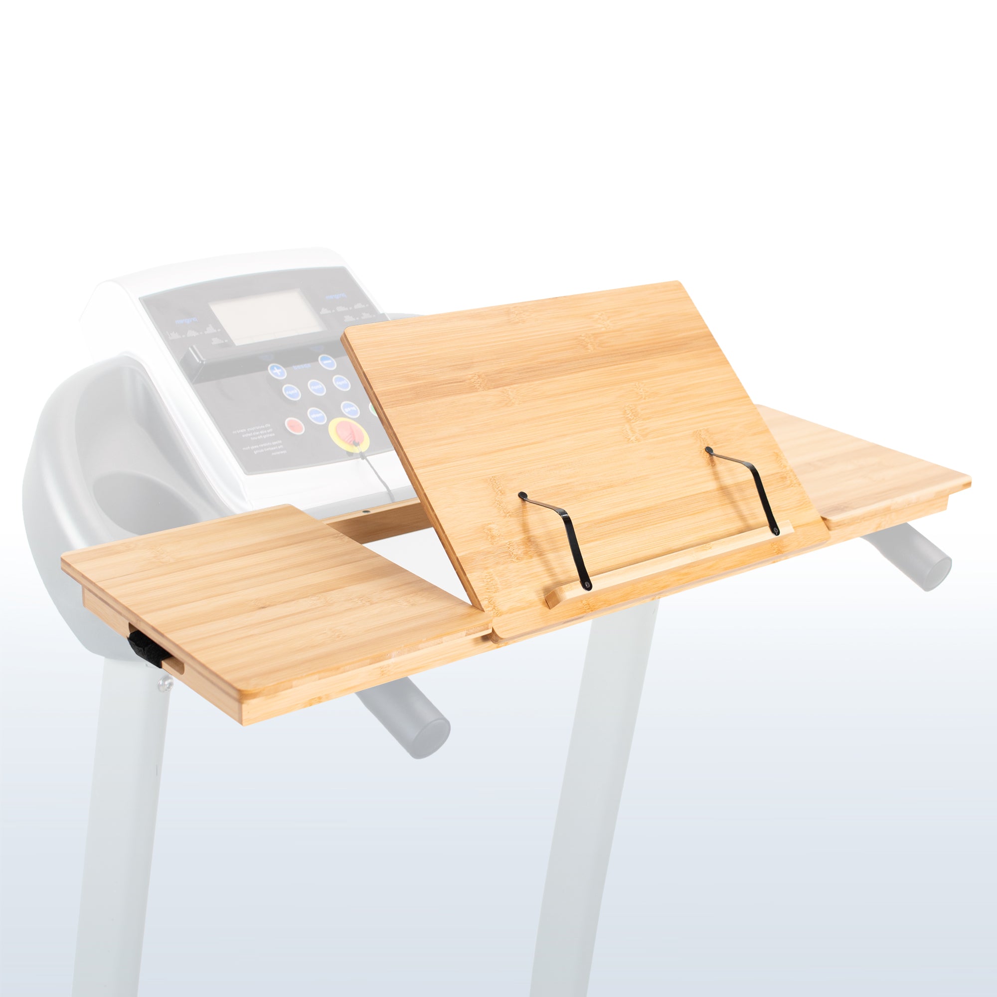 Bamboo tilting laptop desk for treadmill with heavy duty side shelves and easy installation.