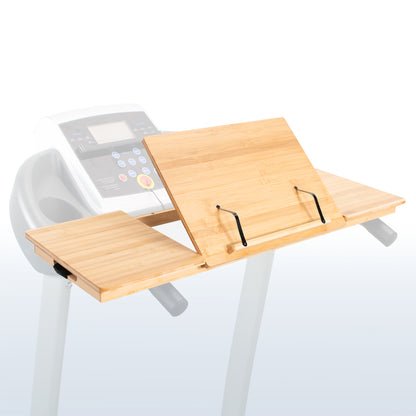Bamboo tilting laptop desk for treadmill with heavy duty side shelves and easy installation.